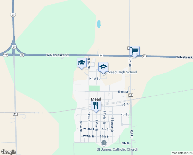 map of restaurants, bars, coffee shops, grocery stores, and more near 114 North Vine Street in Mead