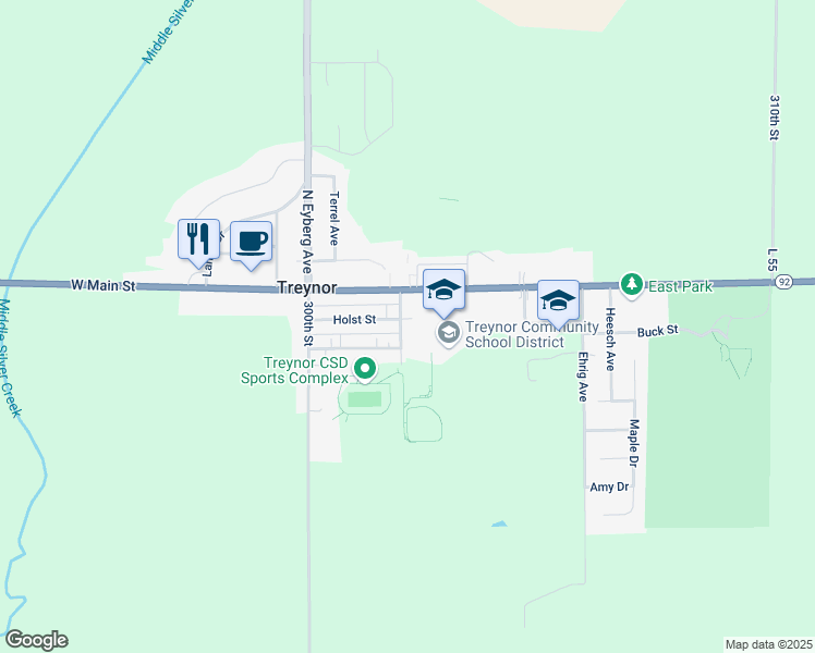 map of restaurants, bars, coffee shops, grocery stores, and more near 48a East Main Street in Treynor