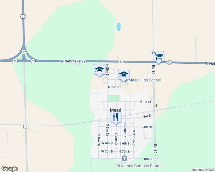 map of restaurants, bars, coffee shops, grocery stores, and more near 115 North Elm Street in Mead
