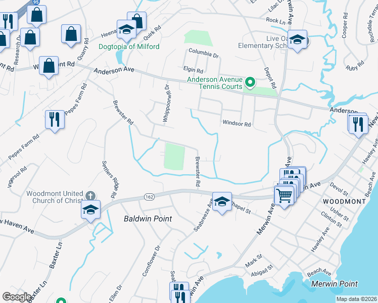 map of restaurants, bars, coffee shops, grocery stores, and more near 94 Brewster Road in Milford