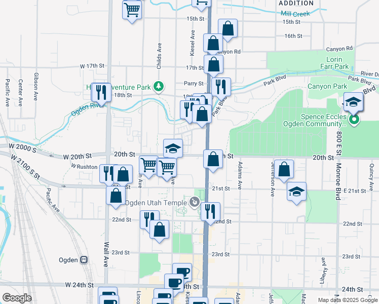 map of restaurants, bars, coffee shops, grocery stores, and more near 1987 Birch Cove Street in Ogden