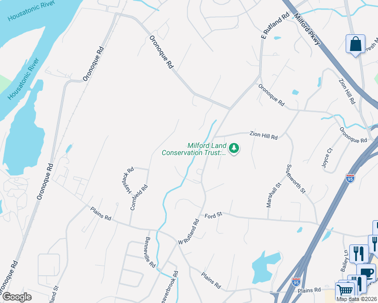 map of restaurants, bars, coffee shops, grocery stores, and more near 33 Freedom Road in Milford