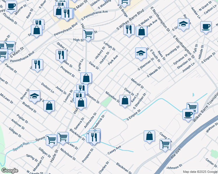 map of restaurants, bars, coffee shops, grocery stores, and more near 440 South Grant Street in Wilkes-Barre