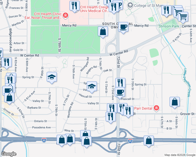 map of restaurants, bars, coffee shops, grocery stores, and more near 3012 South 74th Street in Omaha