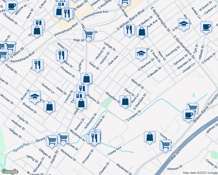 map of restaurants, bars, coffee shops, grocery stores, and more near 440 South Grant Street in Wilkes-Barre