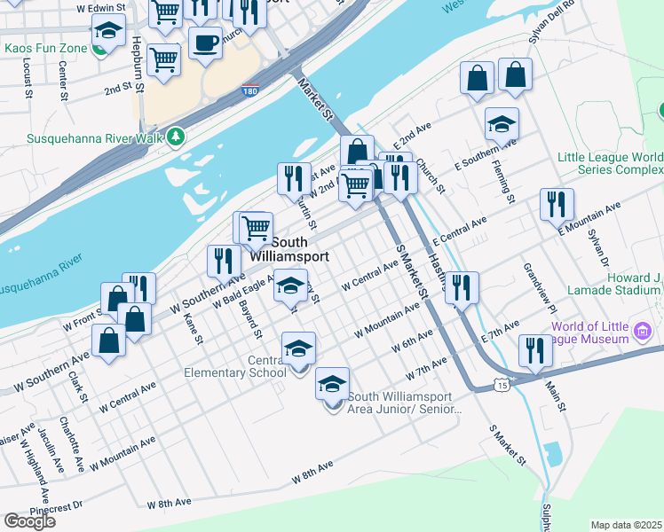 map of restaurants, bars, coffee shops, grocery stores, and more near 330 George Street in South Williamsport