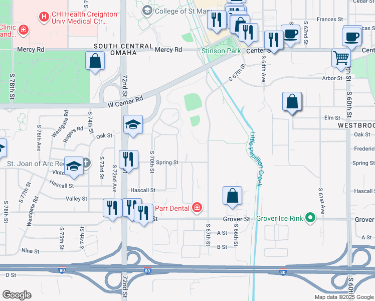 map of restaurants, bars, coffee shops, grocery stores, and more near 6808 Spring Street in Omaha
