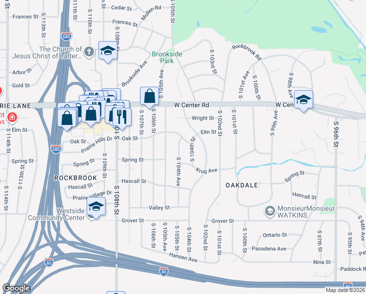 map of restaurants, bars, coffee shops, grocery stores, and more near 10406 Oak Street in Omaha