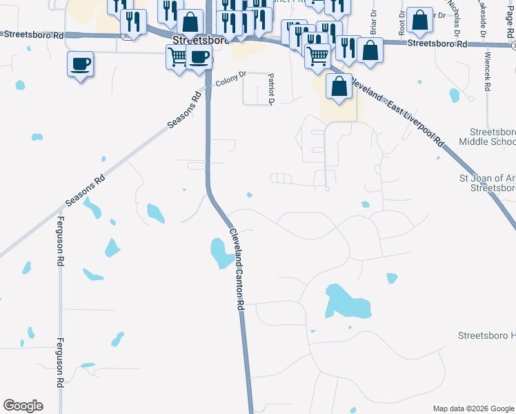 map of restaurants, bars, coffee shops, grocery stores, and more near 1480 Crescent Drive in Streetsboro