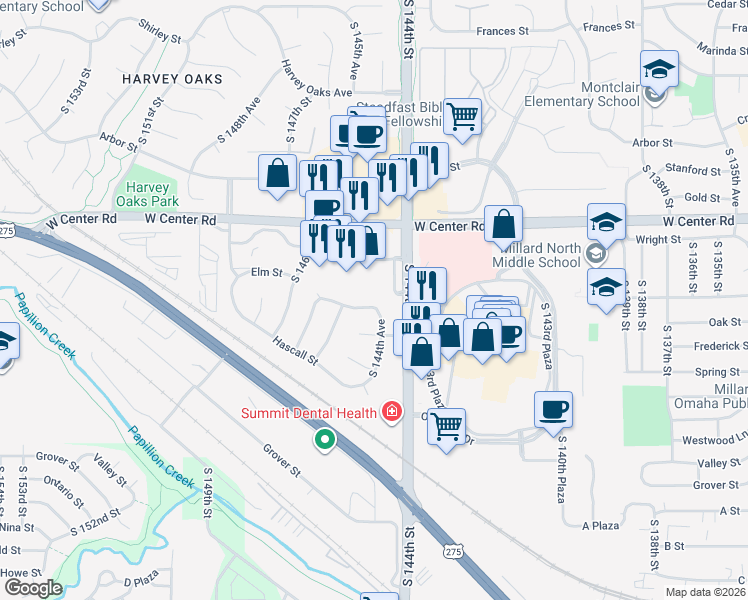 map of restaurants, bars, coffee shops, grocery stores, and more near 14445 West Center Road in Omaha