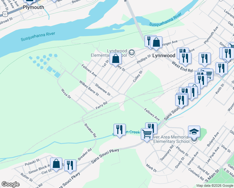 map of restaurants, bars, coffee shops, grocery stores, and more near 369-399 Lyndwood Avenue in Wilkes-Barre