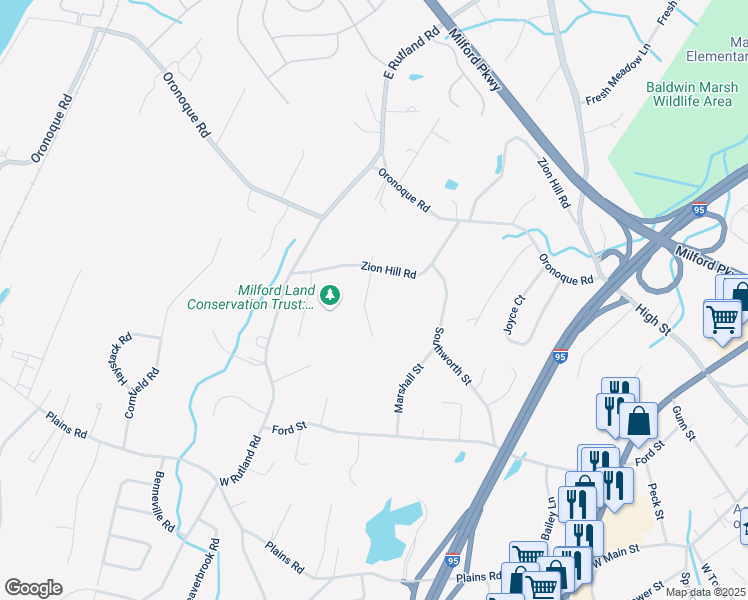 map of restaurants, bars, coffee shops, grocery stores, and more near 26 Milford Chase in Milford