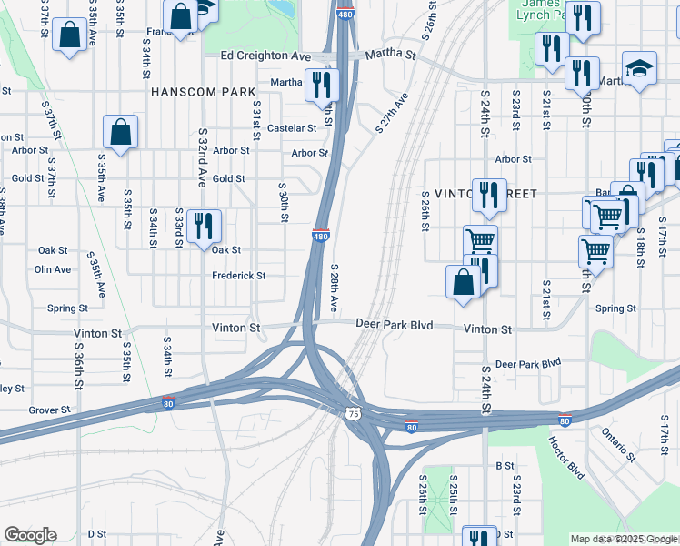 map of restaurants, bars, coffee shops, grocery stores, and more near 3003 South 28th Avenue in Omaha