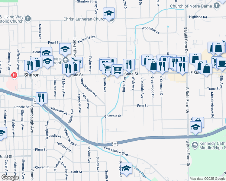 map of restaurants, bars, coffee shops, grocery stores, and more near 1-207 Smith Avenue in Sharon