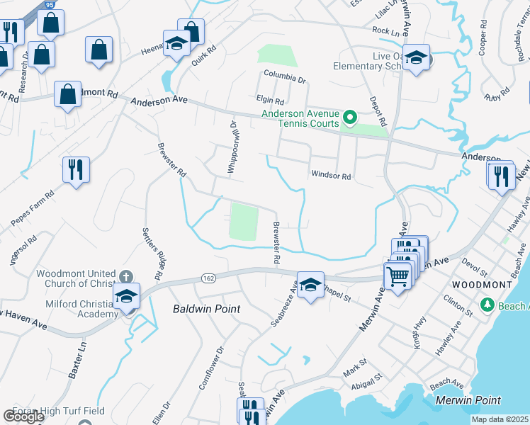map of restaurants, bars, coffee shops, grocery stores, and more near 94 Brewster Road in Milford
