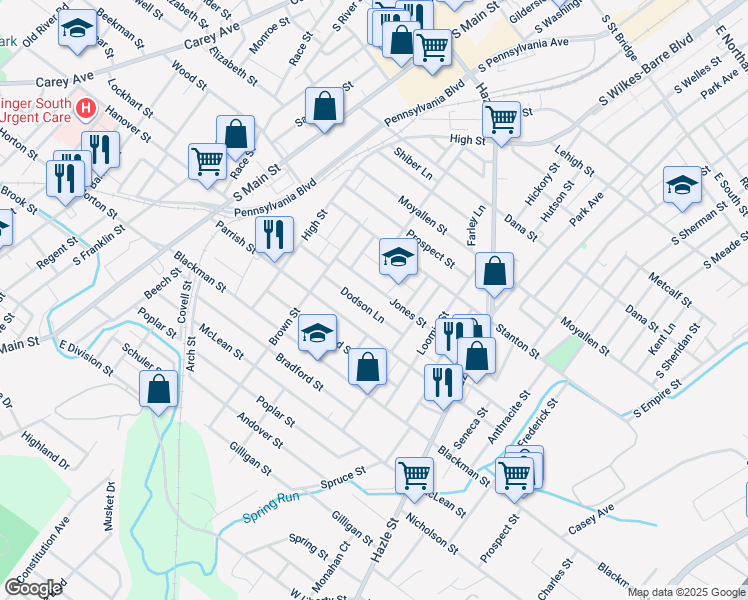map of restaurants, bars, coffee shops, grocery stores, and more near 63 Jones Street in Wilkes-Barre