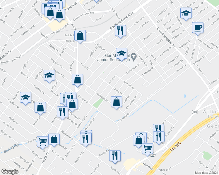 map of restaurants, bars, coffee shops, grocery stores, and more near 405 South Sherman Street in Wilkes-Barre