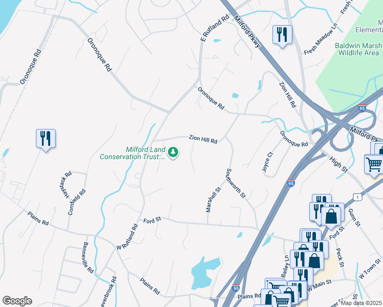 map of restaurants, bars, coffee shops, grocery stores, and more near 26 Milford Chase in Milford