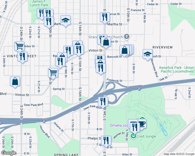 map of restaurants, bars, coffee shops, grocery stores, and more near 2765 South 13th Court in Omaha