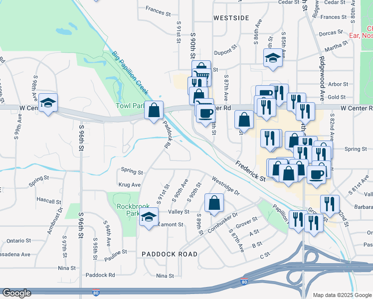 map of restaurants, bars, coffee shops, grocery stores, and more near Big Papio Trail in Omaha