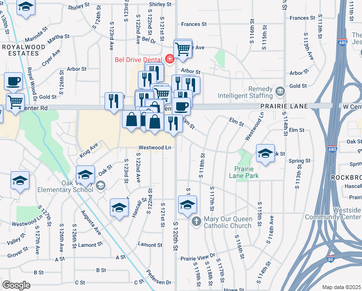 map of restaurants, bars, coffee shops, grocery stores, and more near 2951 South 120th Street in Omaha