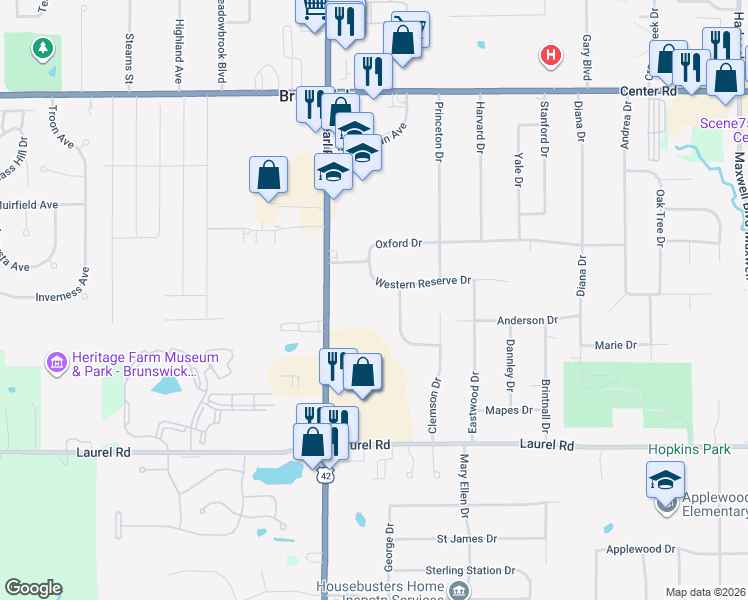 map of restaurants, bars, coffee shops, grocery stores, and more near 1575 Pearl Road in Brunswick