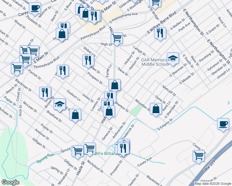 map of restaurants, bars, coffee shops, grocery stores, and more near 340 Hazle Street in Wilkes-Barre