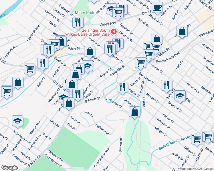 map of restaurants, bars, coffee shops, grocery stores, and more near Gregory Street in Bear Creek Village