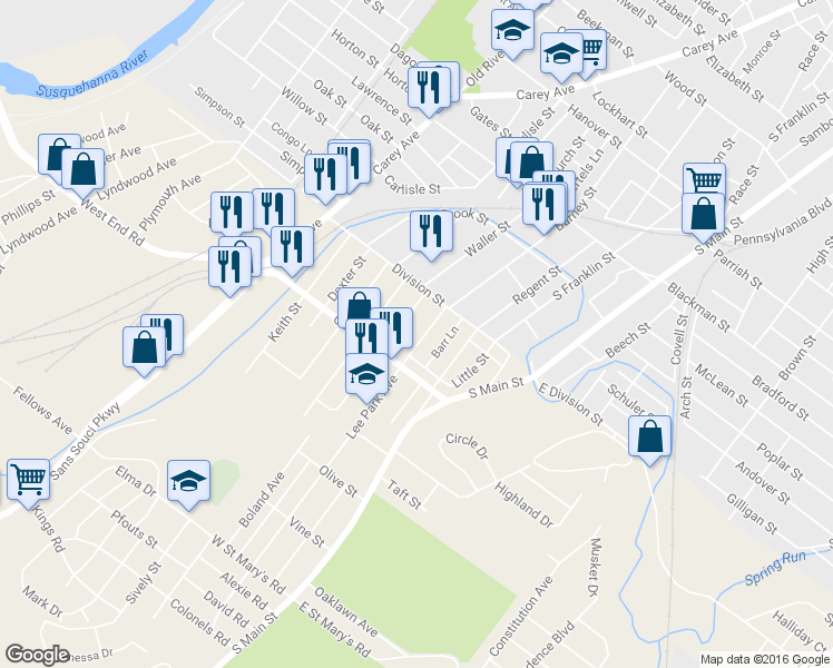 map of restaurants, bars, coffee shops, grocery stores, and more near 32 Lee Park Avenue in Wilkes-Barre