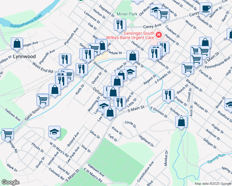 map of restaurants, bars, coffee shops, grocery stores, and more near 32 Lee Park Avenue in Wilkes-Barre