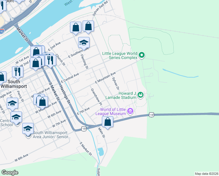 map of restaurants, bars, coffee shops, grocery stores, and more near 500-698 Sylvan Drive in South Williamsport