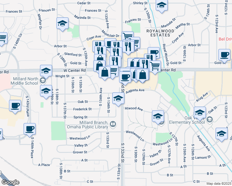 map of restaurants, bars, coffee shops, grocery stores, and more near South 133rd Street in Omaha