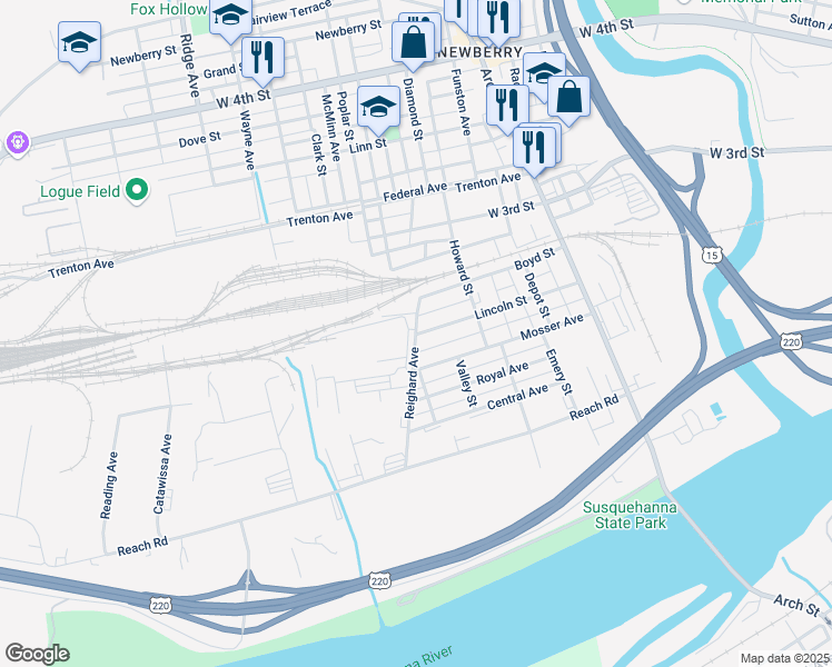 map of restaurants, bars, coffee shops, grocery stores, and more near 2298 Lincoln Street in Williamsport