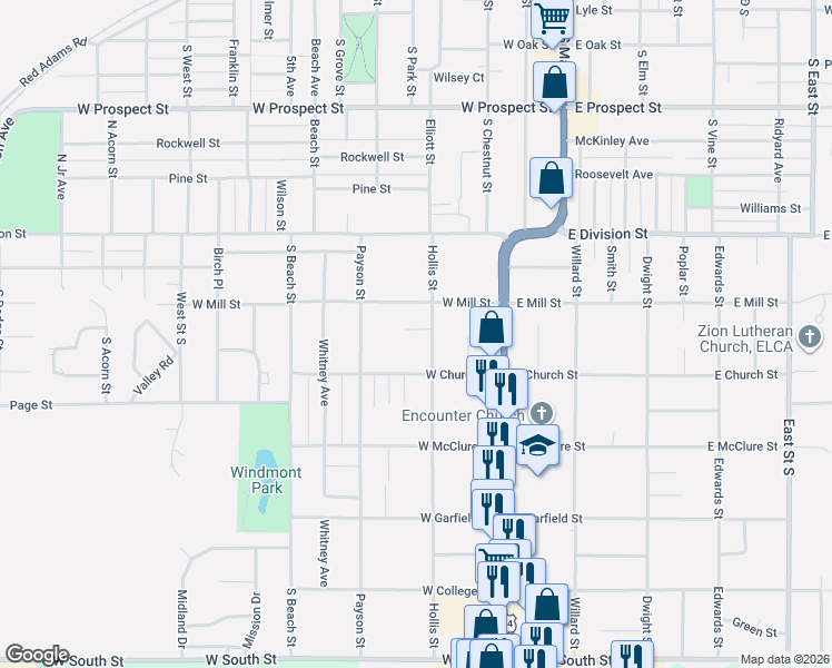 map of restaurants, bars, coffee shops, grocery stores, and more near 200-224 Hillcrest St in Kewanee