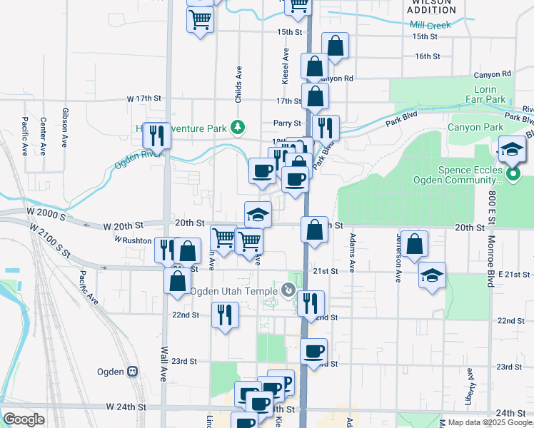 map of restaurants, bars, coffee shops, grocery stores, and more near in Ogden