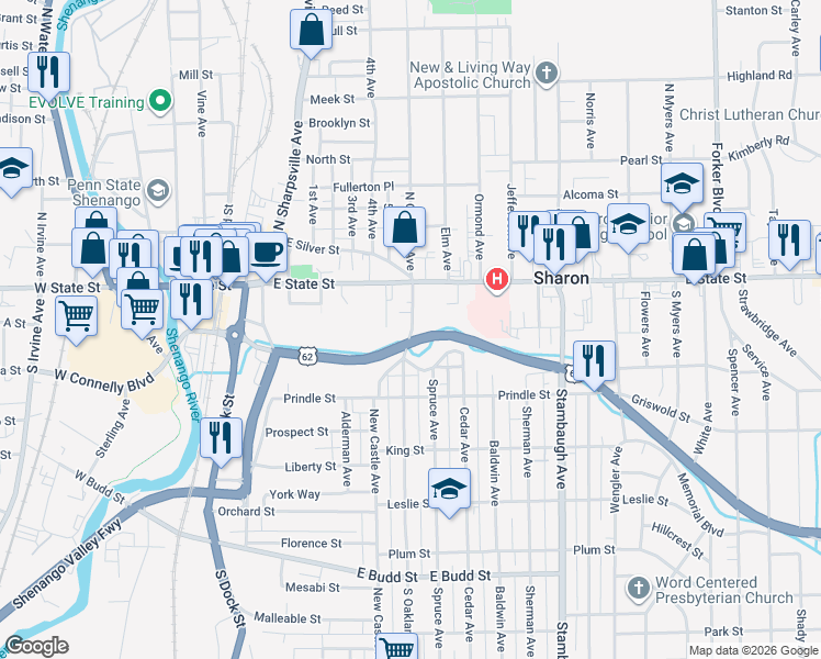 map of restaurants, bars, coffee shops, grocery stores, and more near in Sharon