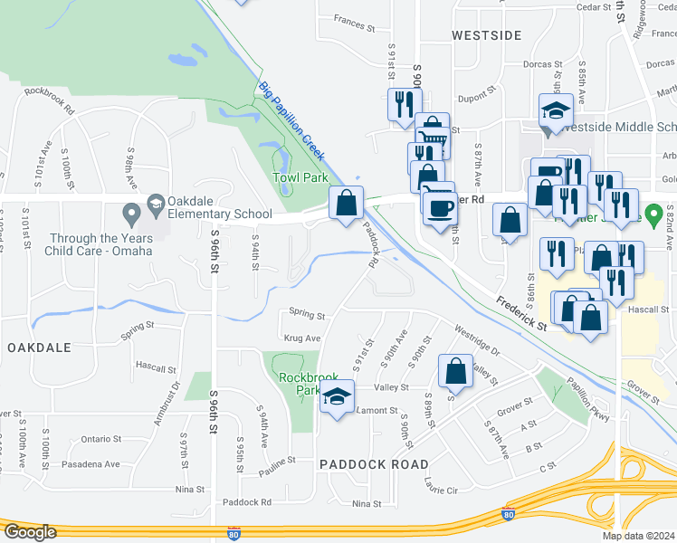 map of restaurants, bars, coffee shops, grocery stores, and more near 2859 South 93rd Plaza in Omaha