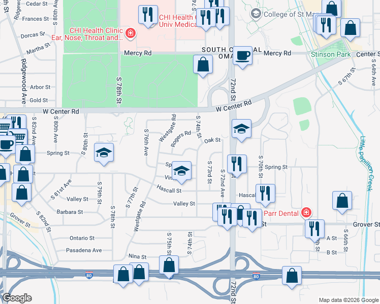 map of restaurants, bars, coffee shops, grocery stores, and more near 3012 South 74th Street in Omaha