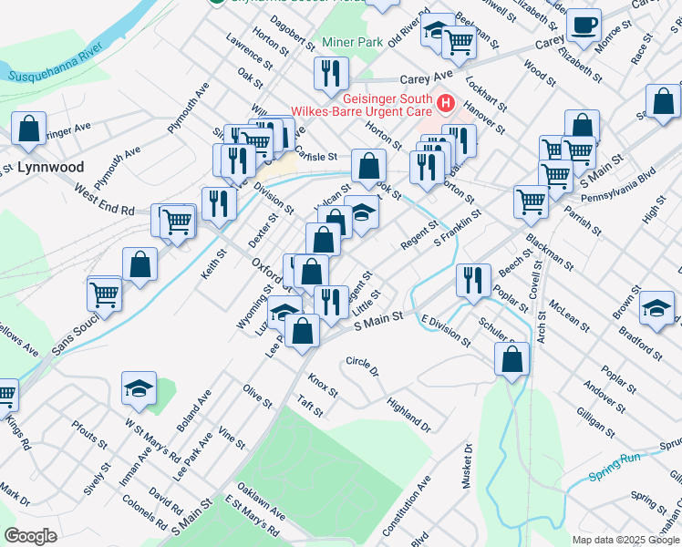 map of restaurants, bars, coffee shops, grocery stores, and more near 19 Park Avenue in Wilkes-Barre