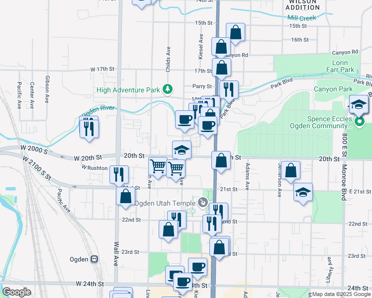 map of restaurants, bars, coffee shops, grocery stores, and more near 1972 Grant Avenue in Ogden