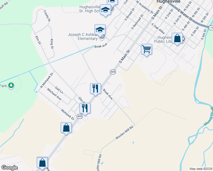 map of restaurants, bars, coffee shops, grocery stores, and more near 43 Johnson Lane in Hughesville