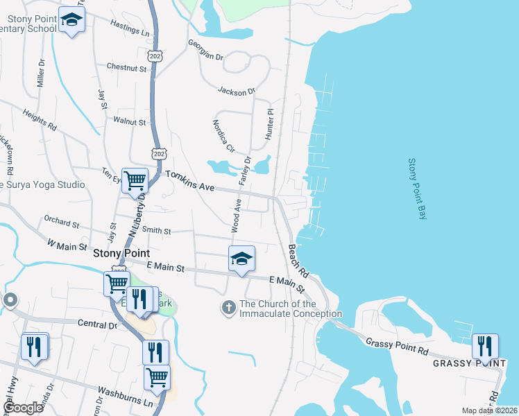 map of restaurants, bars, coffee shops, grocery stores, and more near 22 Tomkins Avenue in Stony Point
