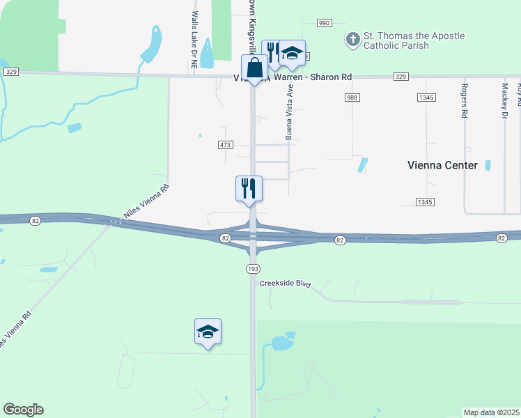 map of restaurants, bars, coffee shops, grocery stores, and more near 493 Youngstown Kingsville Road Southeast in Vienna Center