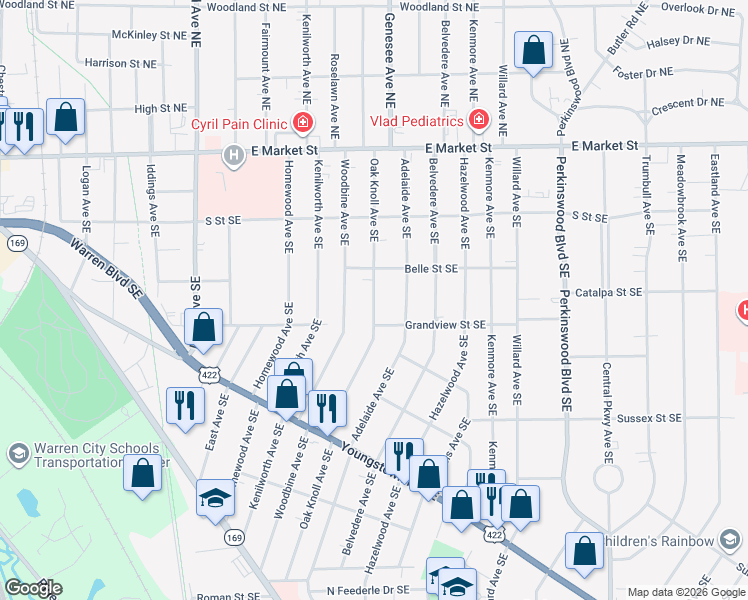 map of restaurants, bars, coffee shops, grocery stores, and more near 547 Oak Knoll Avenue Southeast in Warren