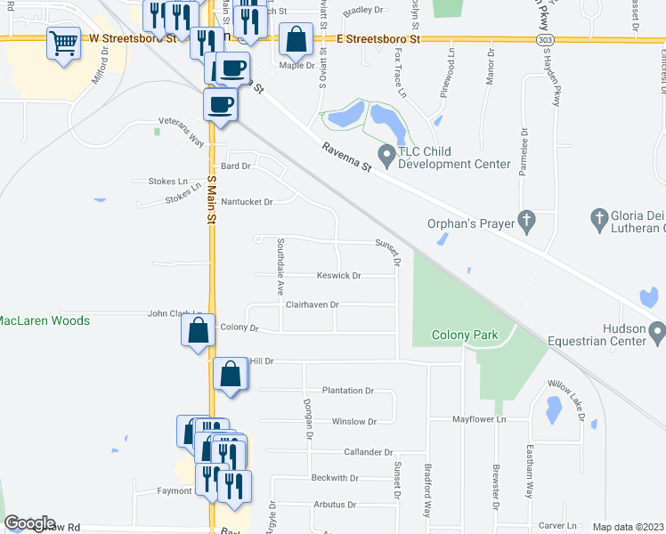 map of restaurants, bars, coffee shops, grocery stores, and more near 91 Keswick Drive in Hudson