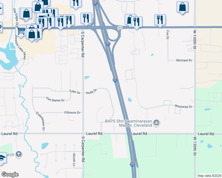 map of restaurants, bars, coffee shops, grocery stores, and more near 3137 Holly Drive in Brunswick