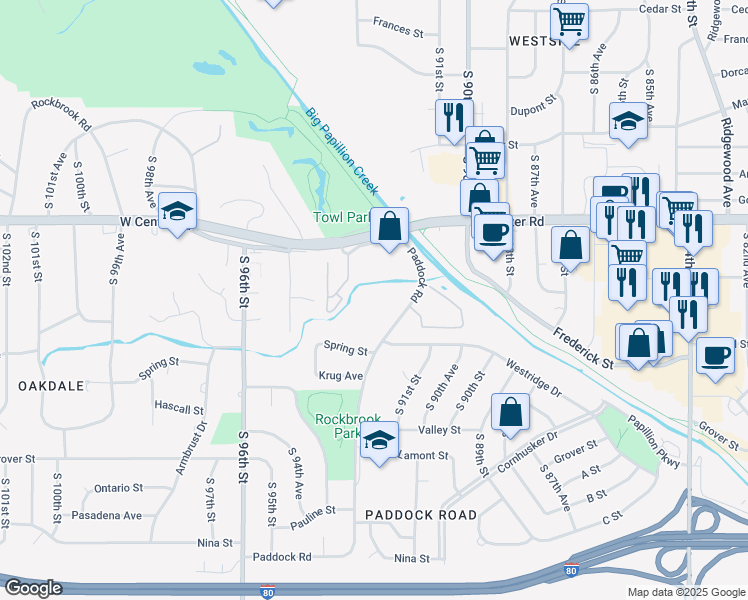 map of restaurants, bars, coffee shops, grocery stores, and more near 2859 South 93rd Plaza in Omaha