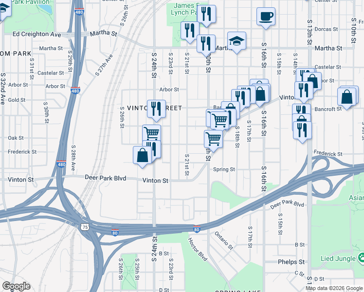 map of restaurants, bars, coffee shops, grocery stores, and more near 2932 South 21st Street in Omaha