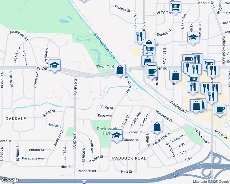 map of restaurants, bars, coffee shops, grocery stores, and more near 2859 South 93rd Plaza in Omaha