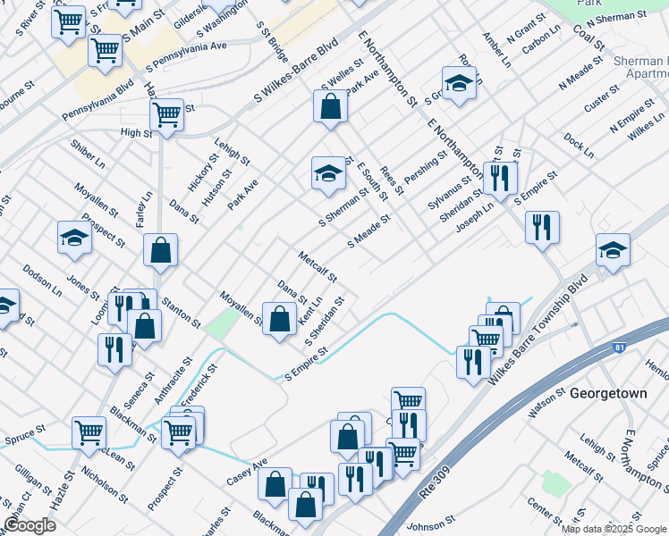 map of restaurants, bars, coffee shops, grocery stores, and more near 328 South Meade Street in Wilkes-Barre